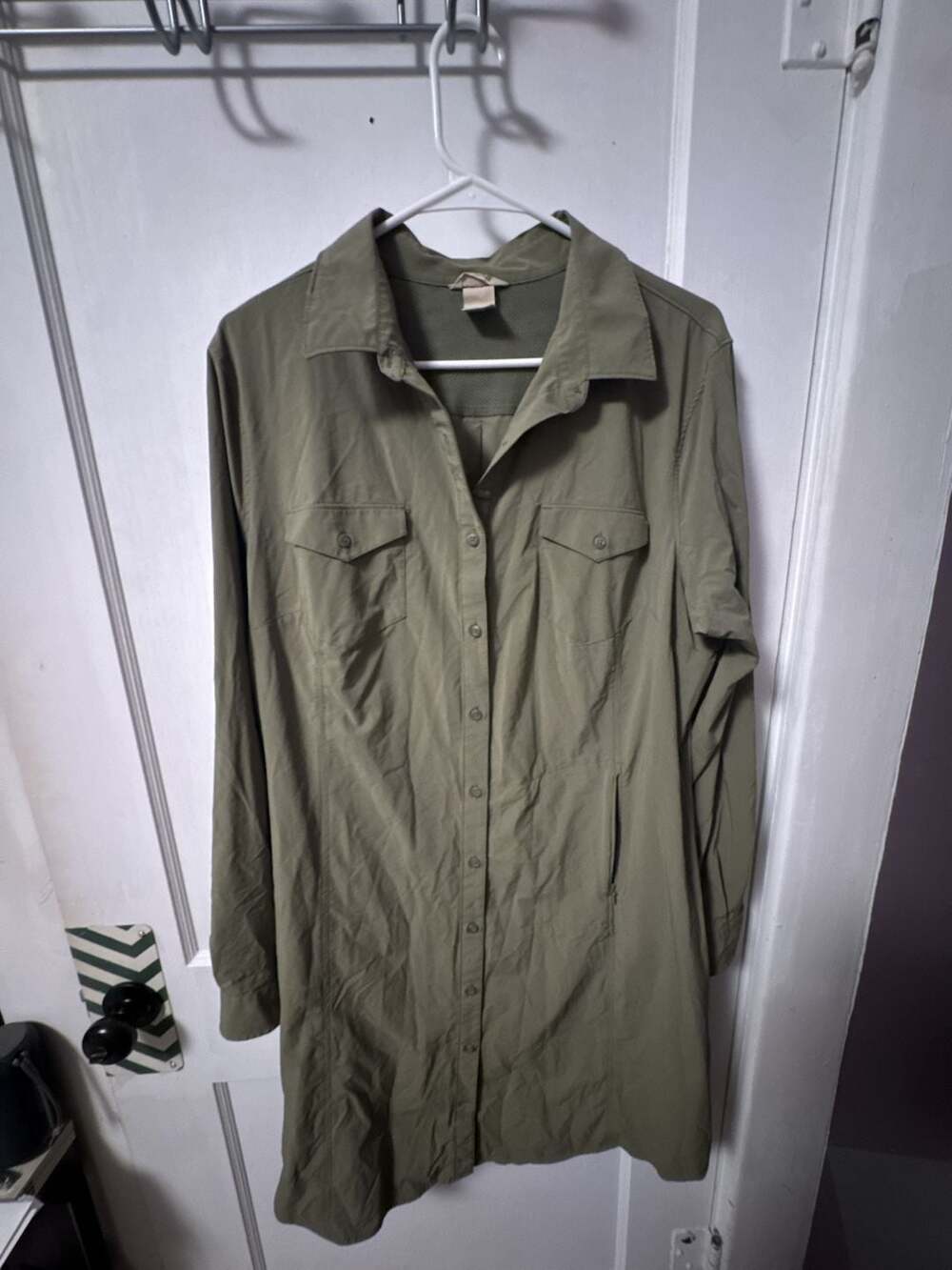 Duluth Trading Olive Green Nylon Spandex Long Sleeve Button Down Shirt Dress XL